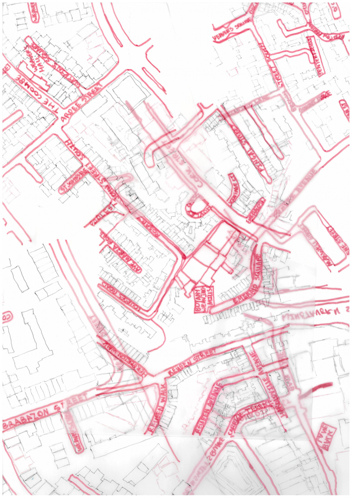 Drawings of maps for each building and place names related to the textile industry in the Liberties