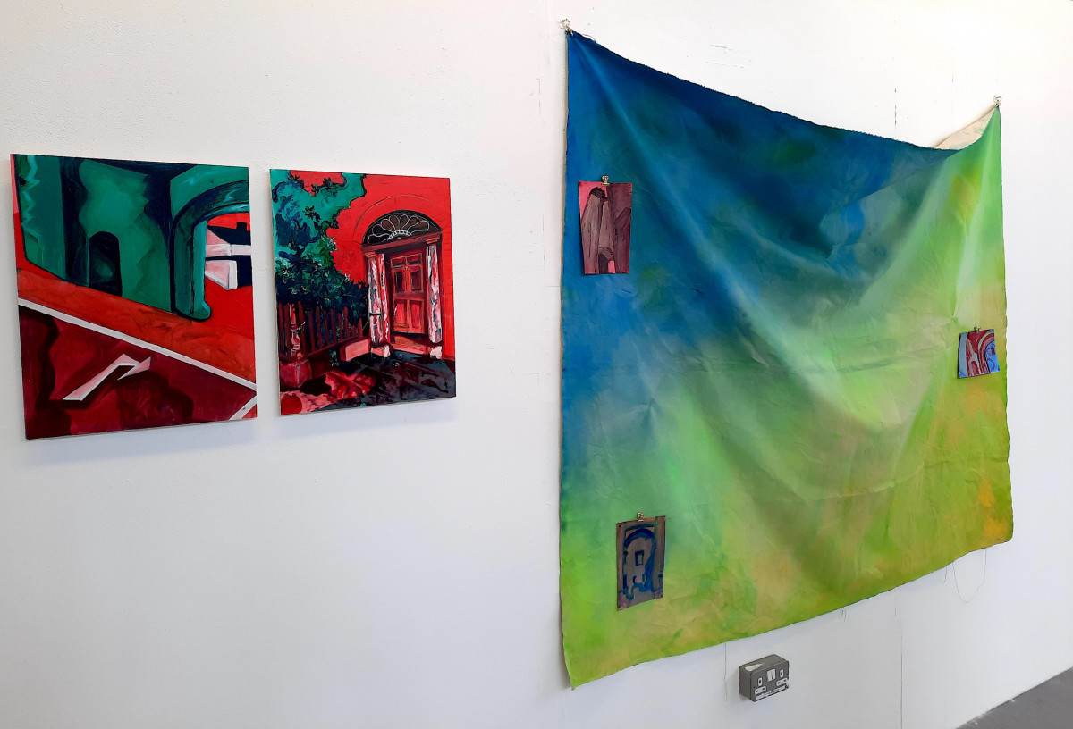 Installation view (L-R)- 'Hyper-saturated Simulation'; Oil on panel, 35 x 45cm; 'All that is Natural will be Rejected', Oil on panel, 35 x 45cm, 'Uaine', Acrylic on canvas and oil on paper, 160 x 120cm