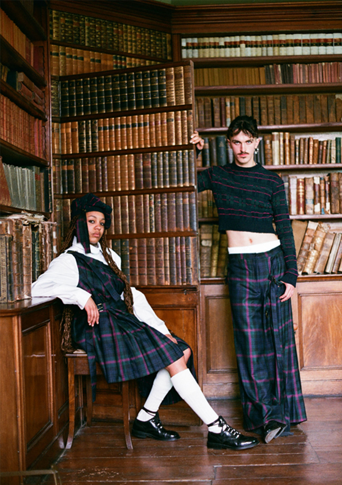 Tartan Knit jumper paired with asymmetrical  pleated trouser