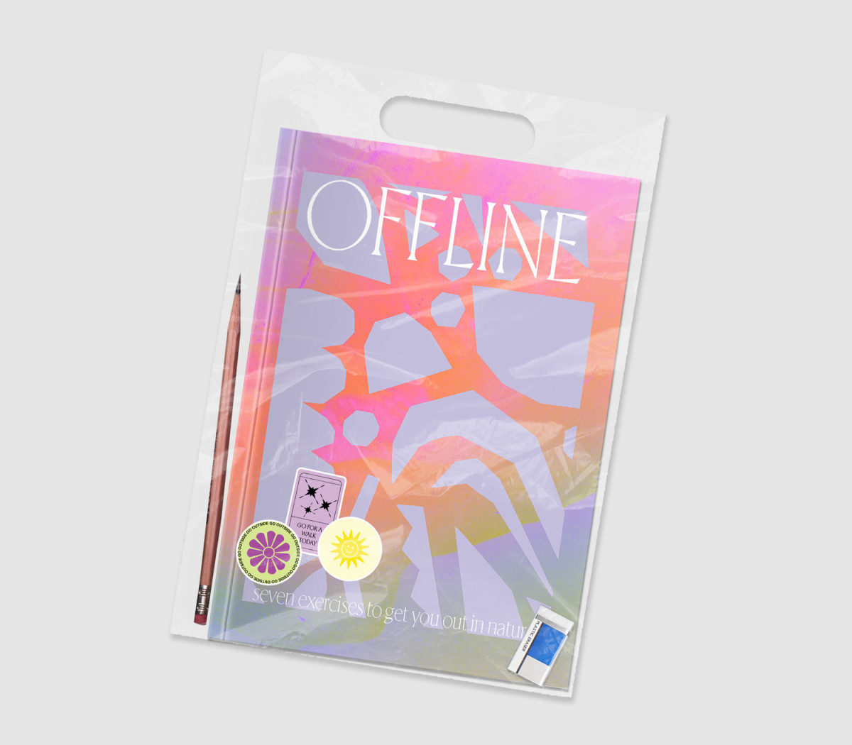 'OFFLINE'; An activity pack. In a world where we spend so much time online, outsourcing our memory to tech, I created a pack that the user takes with them outside and is a non-screen based activity to do. The exercise booklet inside contains prompts that encourage paying close attention to the environment around the user whilst engaging all of their senses. It is a fun filled kit that encourages the user to explore the outdoors and can be used solo or with a friend