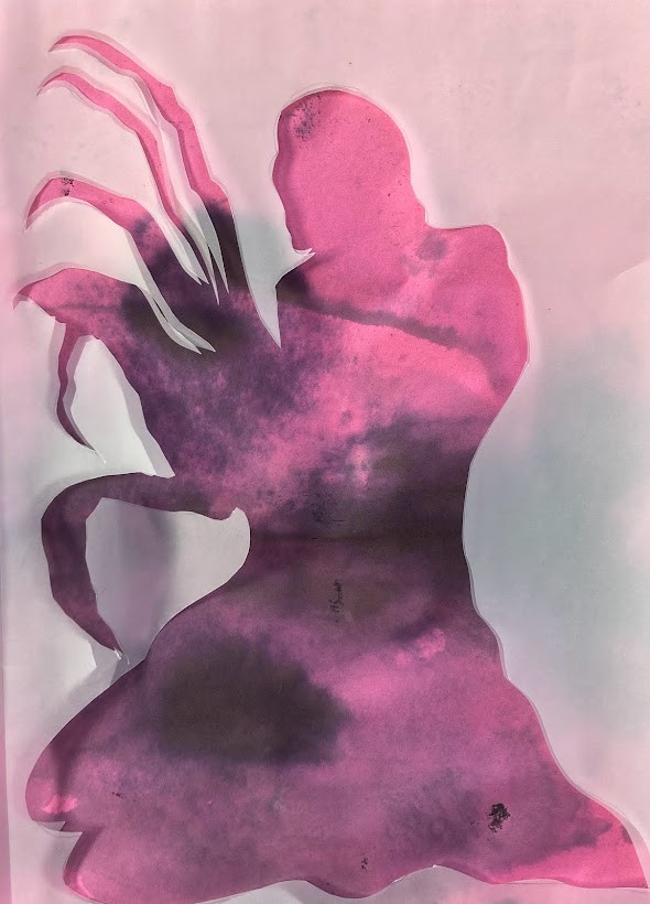 'pink changeling'; Tracing paper and ink on pink sugar paper, 42 x 30cm