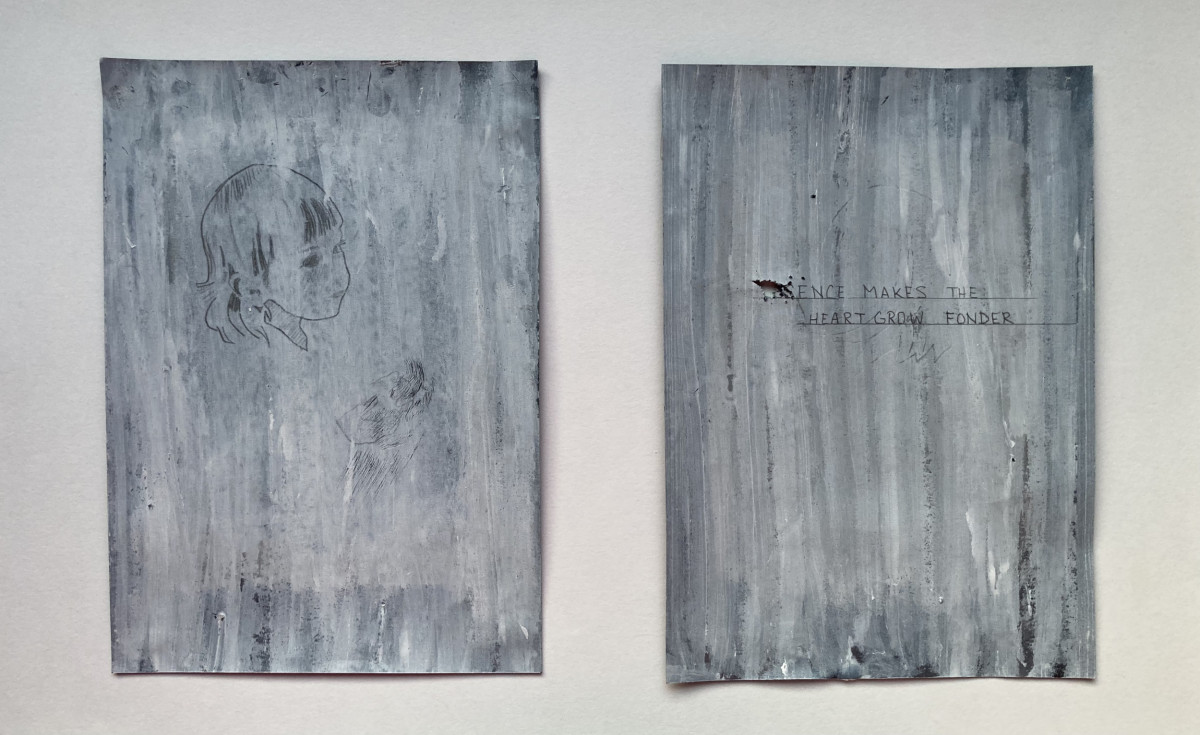 'makes the heart grow fonder'; Acrylic, carbon paper, biro on paper, 21 x 15cm