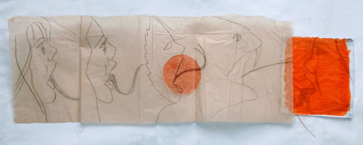 'unhinge'; Pencil, acrylic, thread on baking parchment and paper, approx. 16 x 50cm