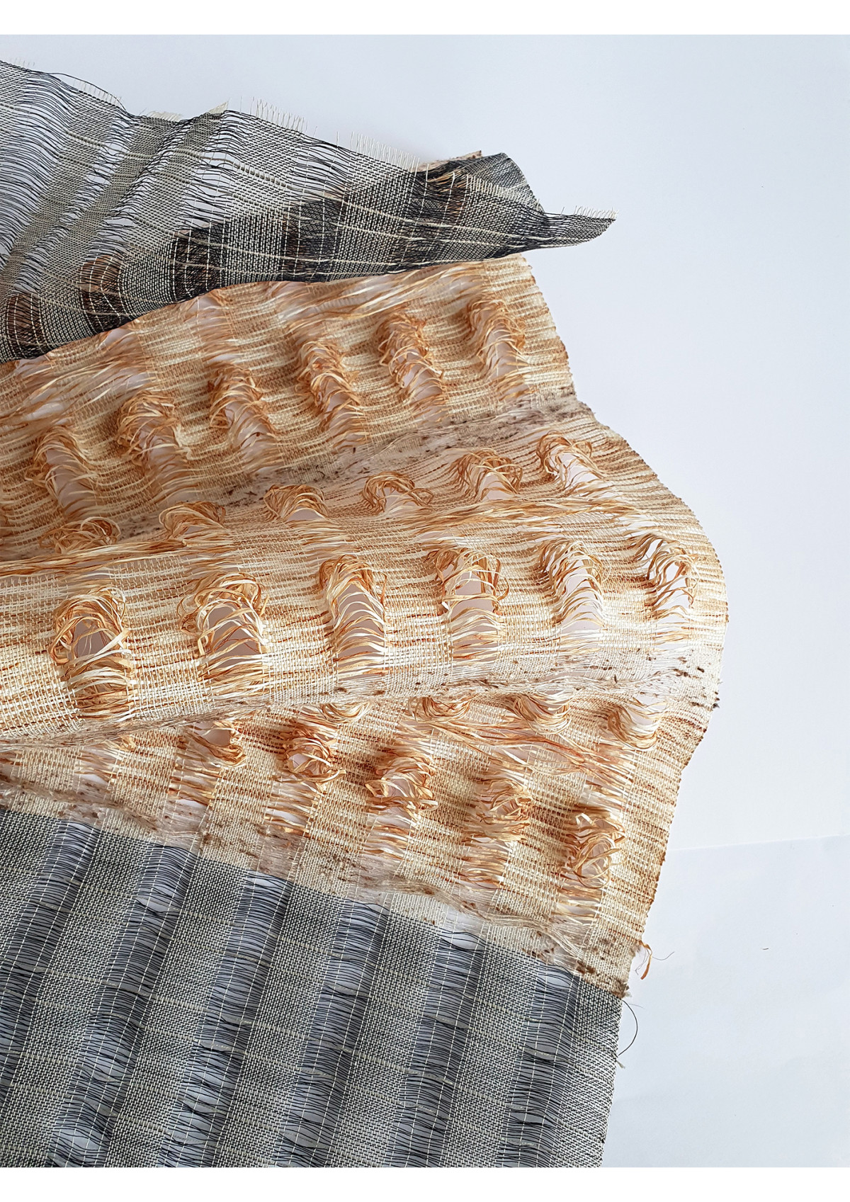 Paper weave with buckthorn dyed silk paper and fern silk, with ends of black fine paper and Egyptian cotton