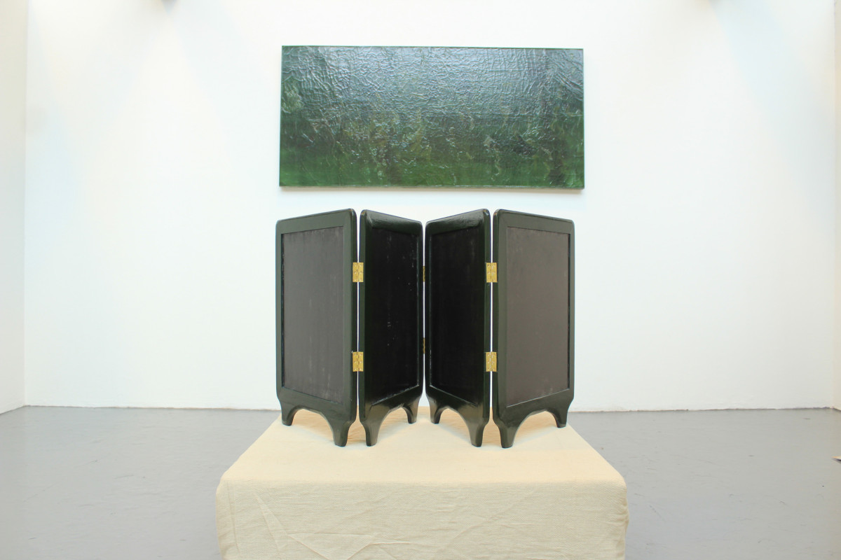 'Meniscus' and 'Screen'; Oil on canvas, 180 x 60cm and lacquered screen 200 x 80cm