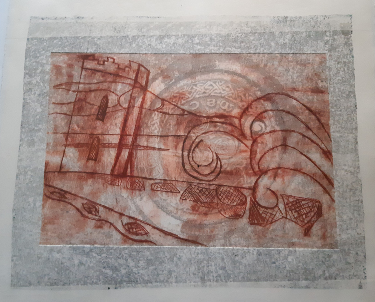 'Castle and Waves in Orange'; Mixed media, intaglio