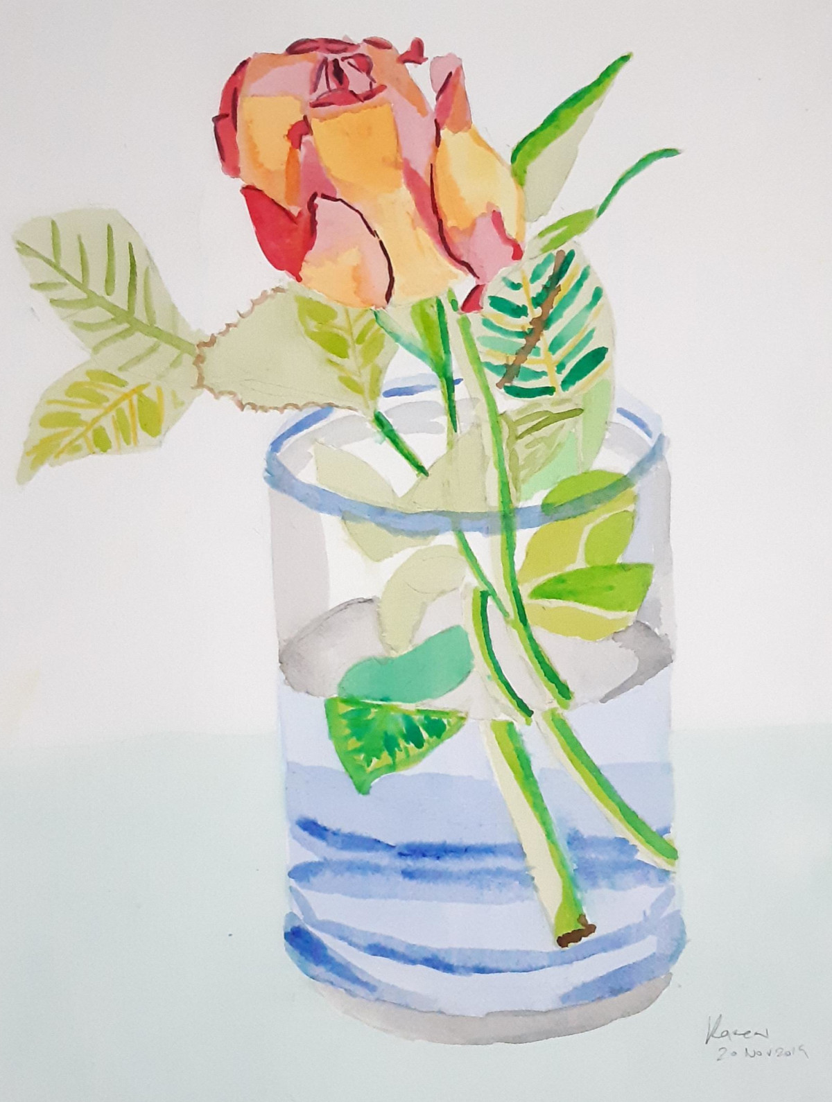 'Pink and Orange Rose in Glass'; Watercolour on paper