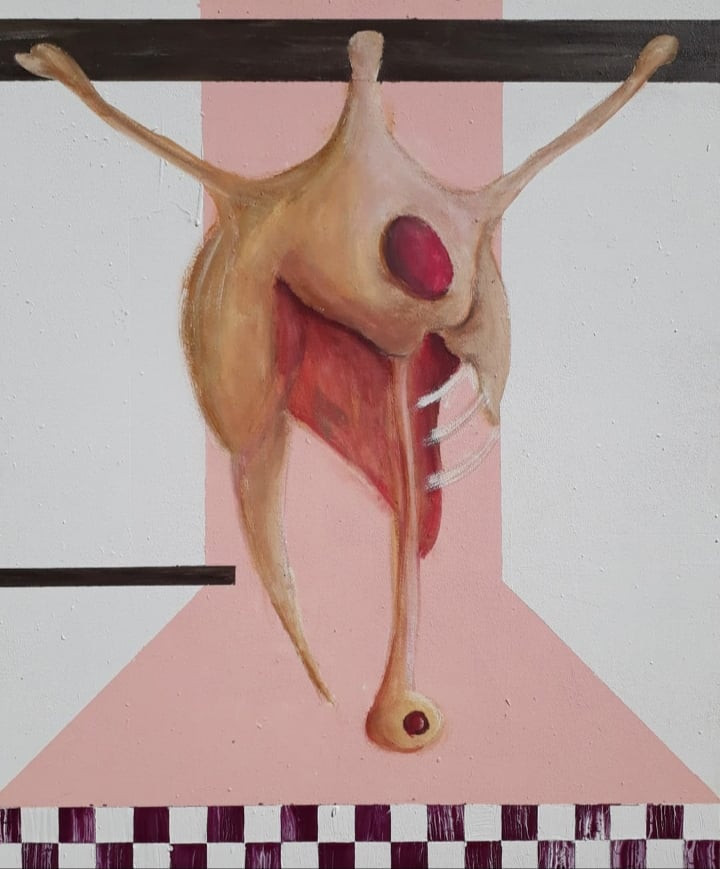 ‘Crucifixion (after Francis Bacon)’; Acrylic on wood, 50 x 60cm