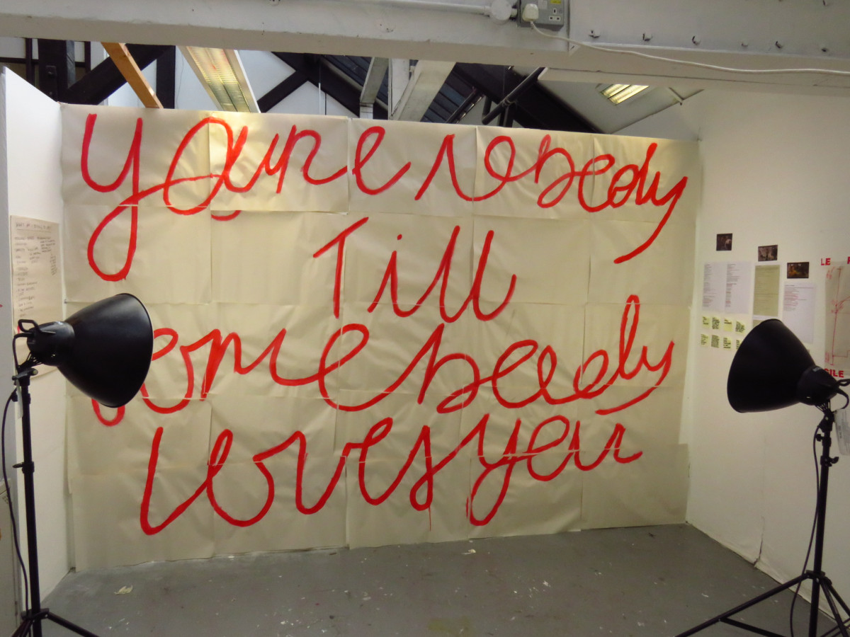 'You're nobody 'till somebody loves you', 2021; Acrylic on newsprint, Studio installation,