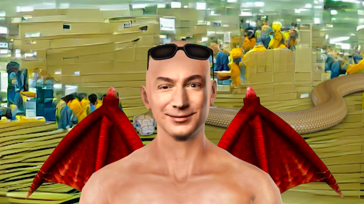 Video still from 'Edifice Unbound' (2022) 3D model of Jeff Bezos in front of an AI composition of an Amazon factory