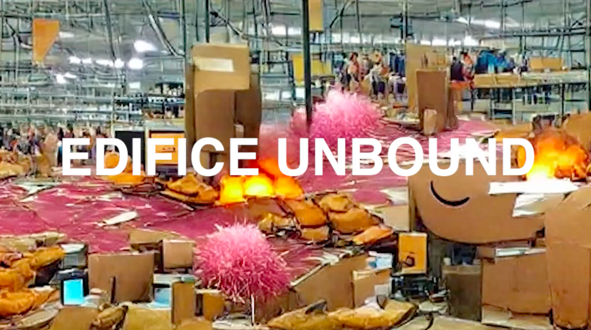 Video still from 'Edifice Unbound' (2022) text and AI composition, depicting an explosion within an Amazon factory