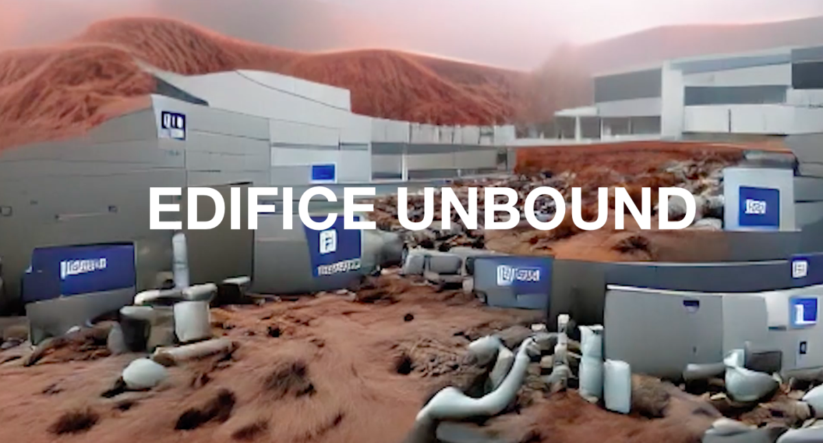 Video still from 'Edifice Unbound' (2022) text and AI composition, depicting a Facebook Data Centre on Mars