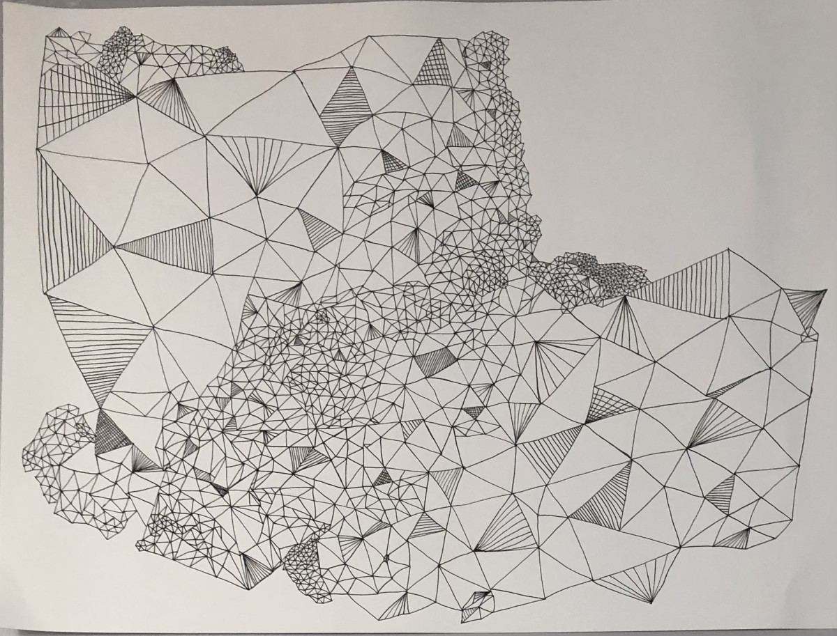 Abstract drawing of repetitive geometric patterns, 42 x 59.4cm