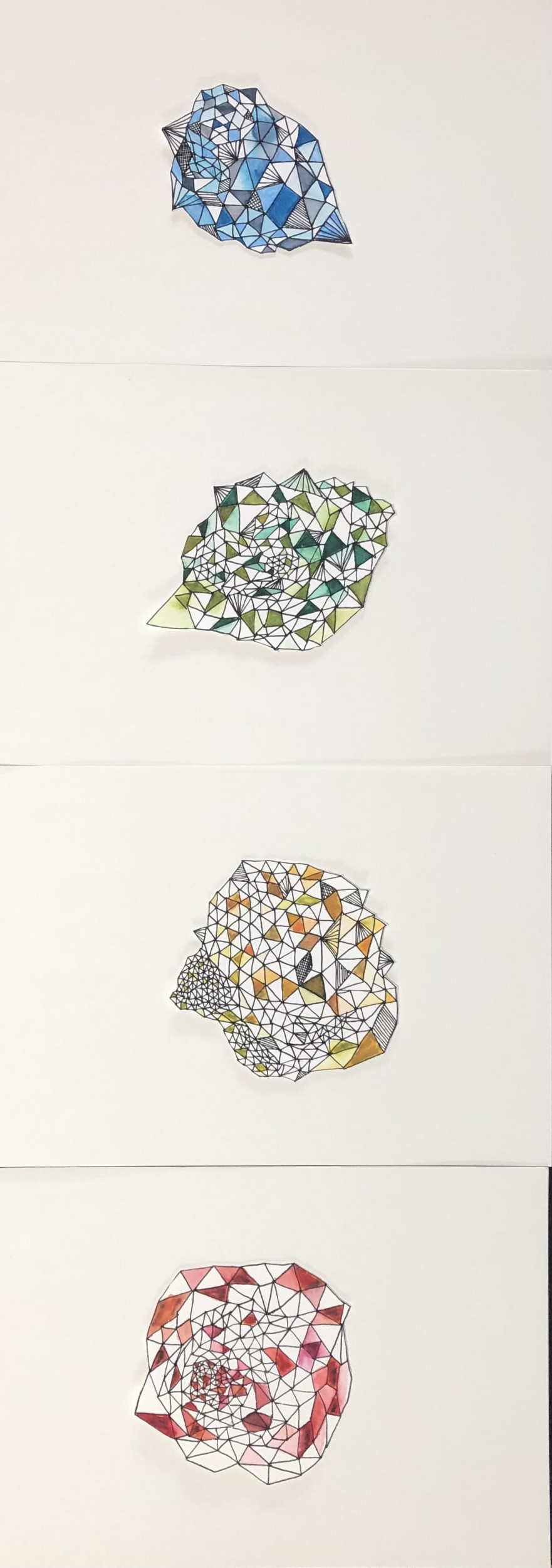 Mixed media drawings with repetitive patterns representing the four natural elements; Posca pen and watercolour, 84 x 118cm