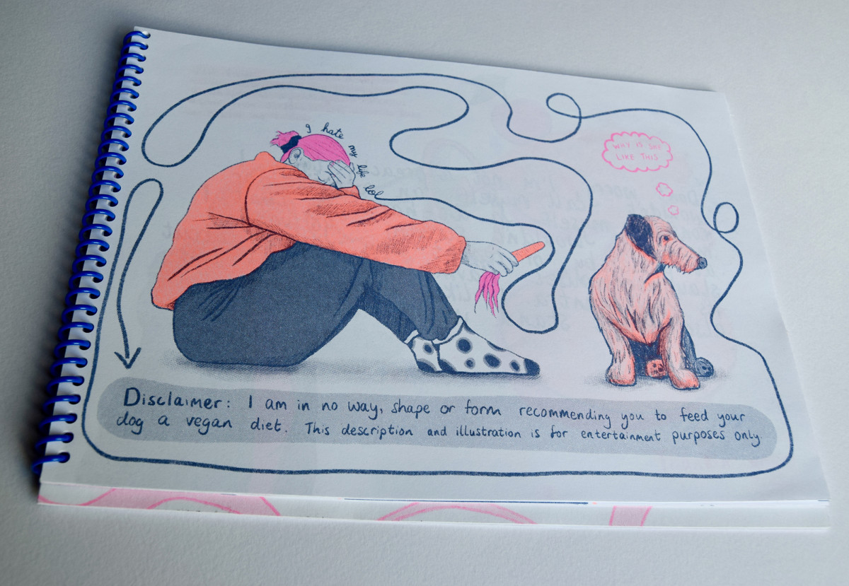 One of the most important images of the booklet - 'Vegan Dog'. The text that goes along with this illustration explains that the only way I would be able to live without guilt would be to live in the middle of the mountains with my vegan dog and eat only home-grown vegetables
