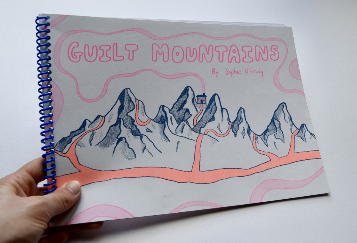 'Guilt Mountains'; Cover of risograph booklet. The booklet features text and images which illustrate my sources of guilt as a vegetarian and animal lover